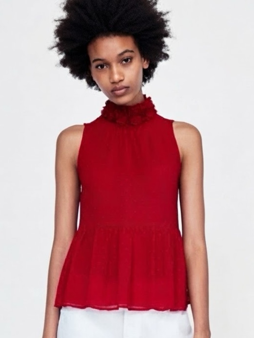 Zara| Red Floral High Petal Neck Semi-Sheer Peplum Blouse Sz S